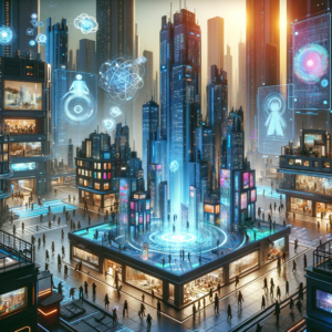 Imóveis virtuais no metaverso como exemplo de ideias de renda passiva. Mostra uma paisagem urbana futurista com edifícios digitais, exibições holográficas e pessoas.